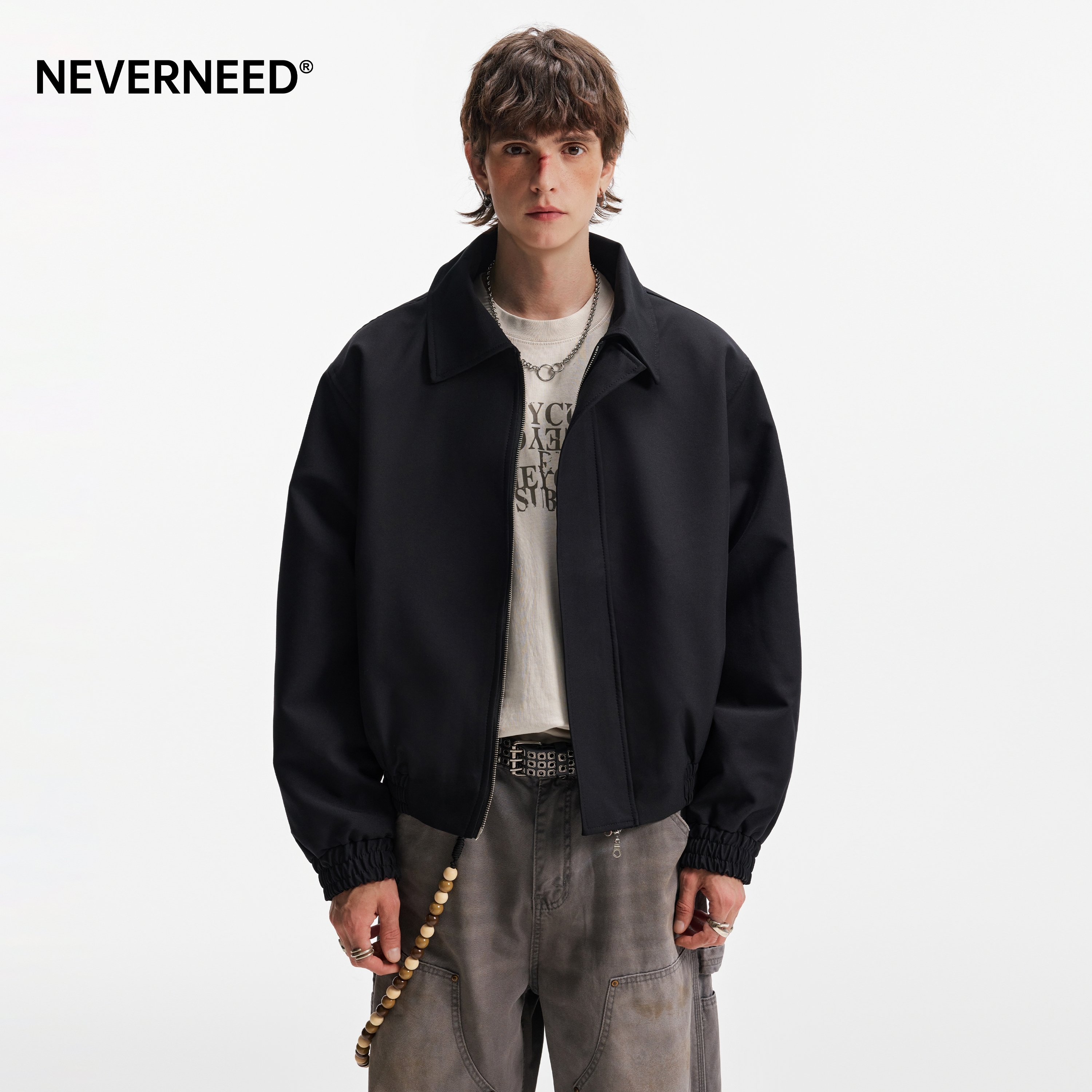 NEVERNEED双拉链垫肩教练夹克男