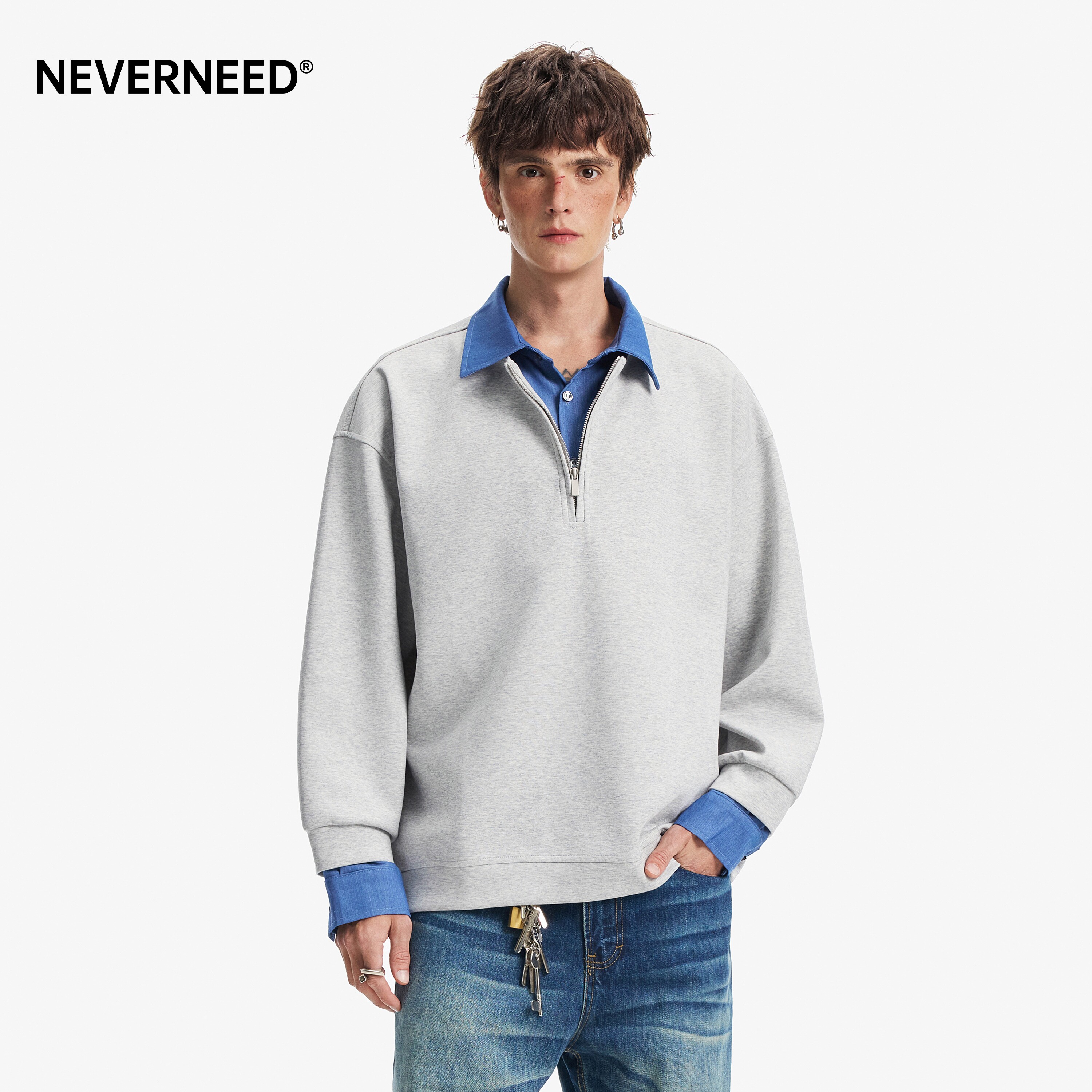NEVERNEED假两件撞色卫衣男女春图片