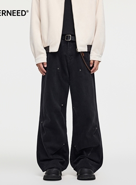 NEVERNEED解构铆钉伐木工装牛仔裤男美式复古黑色vibe微喇休闲裤