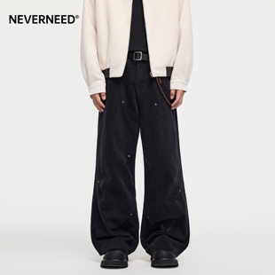 复古黑色vibe微喇休闲裤 男美式 牛仔裤 NEVERNEED解构铆钉伐木工装
