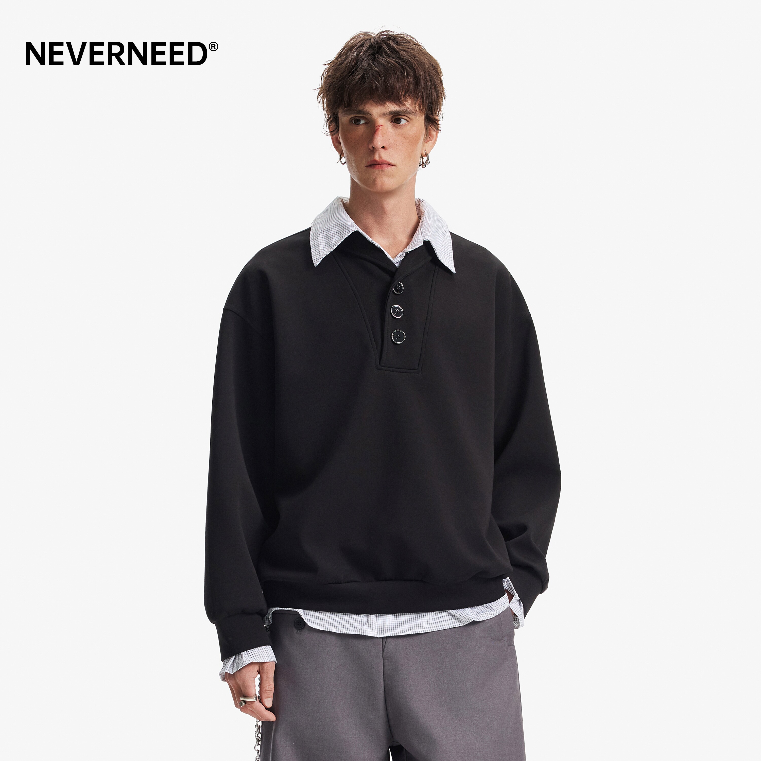NEVERNEED复古假两件polo领卫衣图片