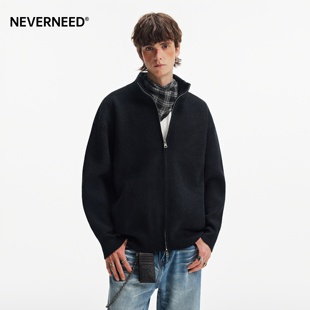 NEVERNEED双拉链重磅立领开衫毛衣男女冬季纯色针织毛衫休闲外套