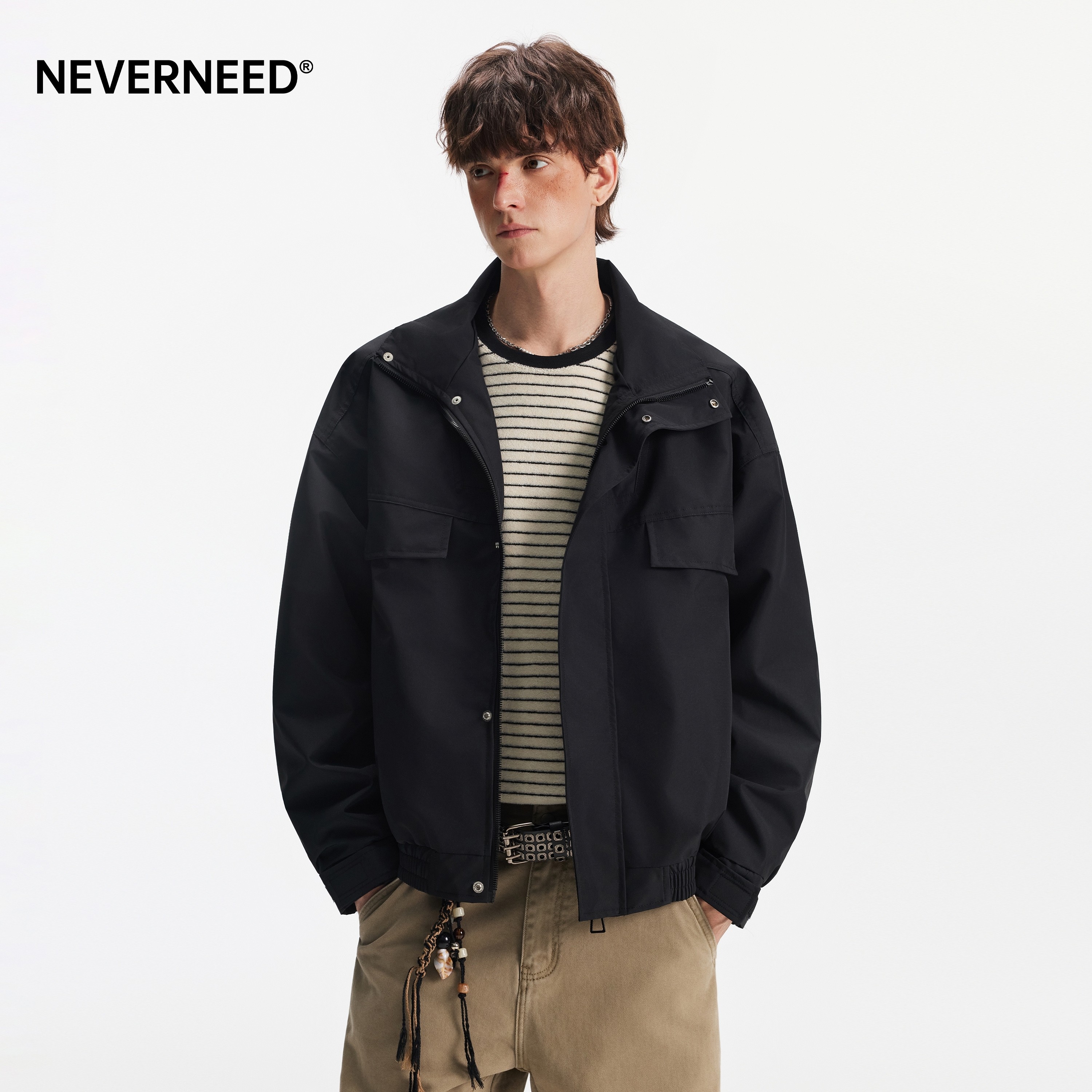 NEVERNEED美式解构拼接立领夹克男女春季黑色多口袋工装休闲外套,男装,夹克,淘宝优惠券,粉丝福利购,淘宝优惠卷
