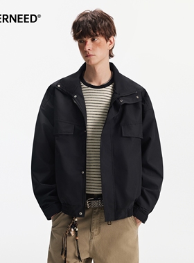 NEVERNEED美式解构拼接立领夹克男女春季黑色多口袋工装休闲外套