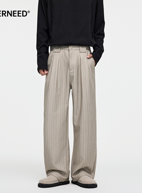 NEVERNEED条纹宽松休闲西装裤男女秋季美式复古慵懒风简约阔腿裤