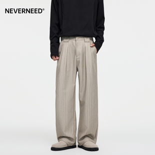 复古慵懒风简约阔腿裤 NEVERNEED条纹宽松休闲西装 美式 男女秋季 裤