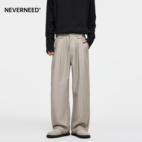 NEVERNEED条纹宽松休闲西裤男女