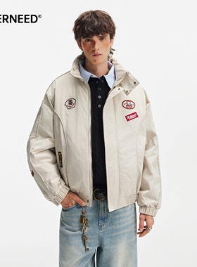 NEVERNEED纯色保暖棉衣男女秋冬季美式复古徽章短款机车棉服外套