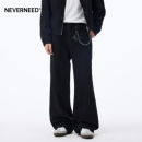休闲阔腿A字微喇长裤 加绒美式 男女秋冬季 NEVERNEED黑色直筒牛仔裤