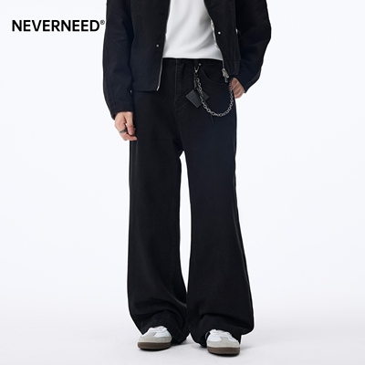 NEVERNEED黑色直筒牛仔裤男女秋冬季加绒美式休闲阔腿A字微喇长裤
