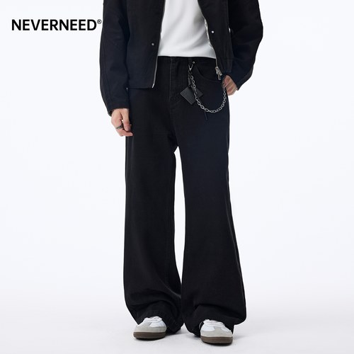 NEVERNEED黑色直筒牛仔裤男女秋冬季加绒美式休闲阔腿A字微喇长裤