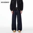 辑明线宽松阔腿A字裤 美式 男女秋季 NEVERNEED拼接解构直筒牛仔裤