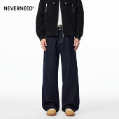NEVERNEED拼接解构直筒牛仔裤 辑明线宽松阔腿A字裤 男女秋季 美式