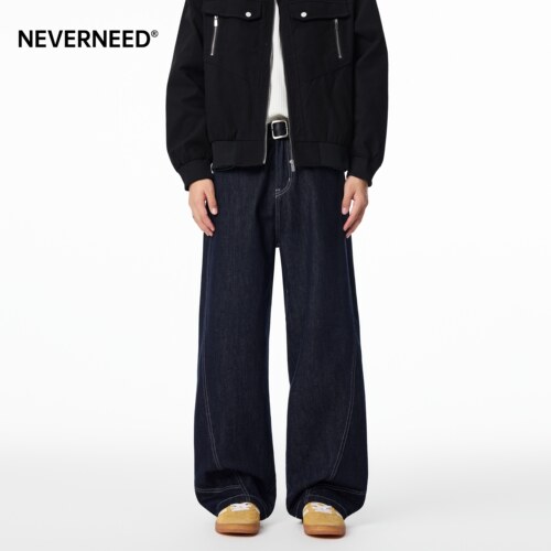 NEVERNEED拼接解构直筒牛仔裤男