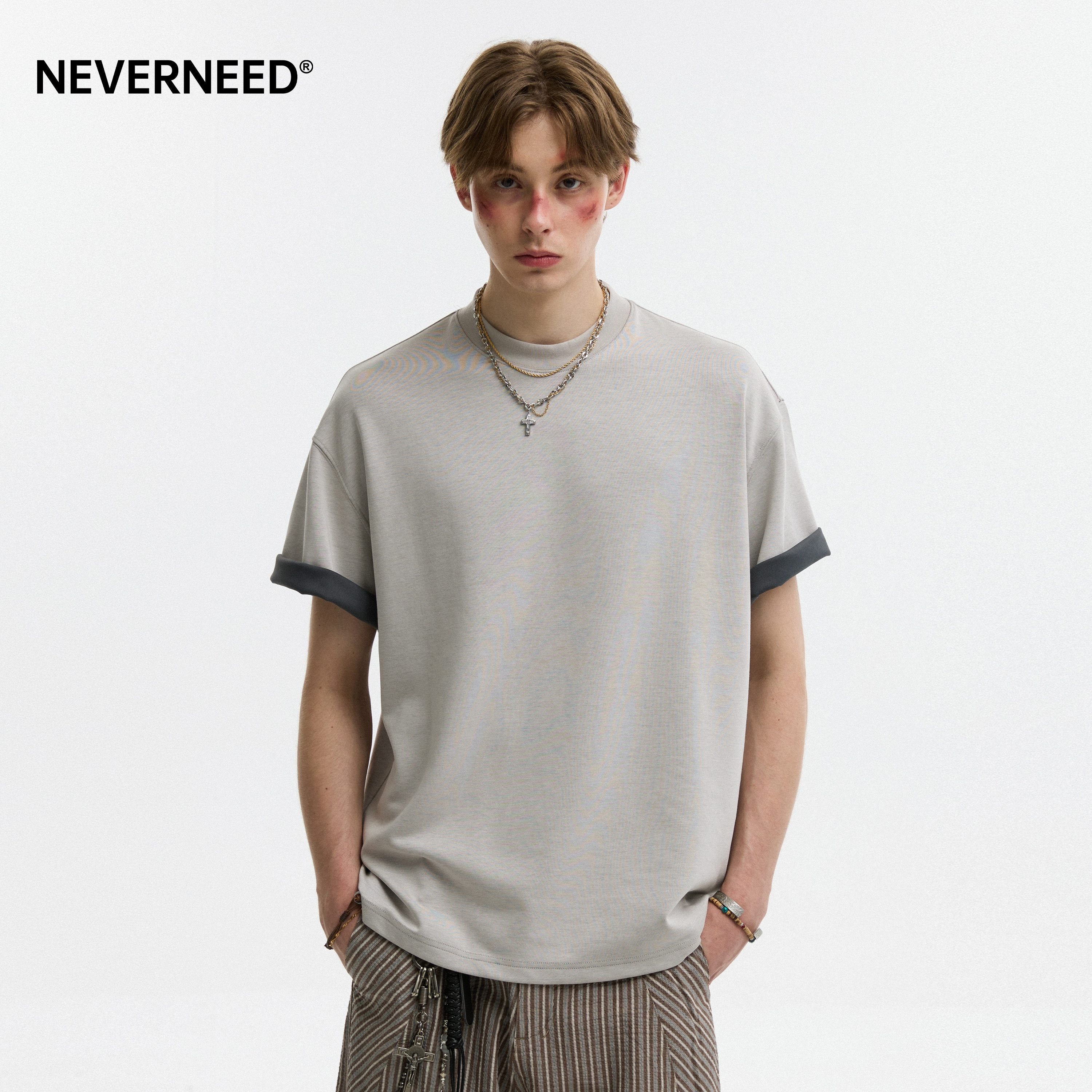 NEVERNEED莫代尔袖口翻边撞色凉感短袖T恤男女夏季空气层速干半袖