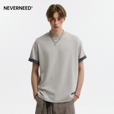 NEVERNEED莫代尔翻边短袖T恤男