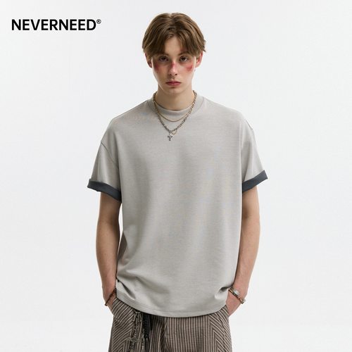 NEVERNEED莫代尔翻边短袖T恤男
