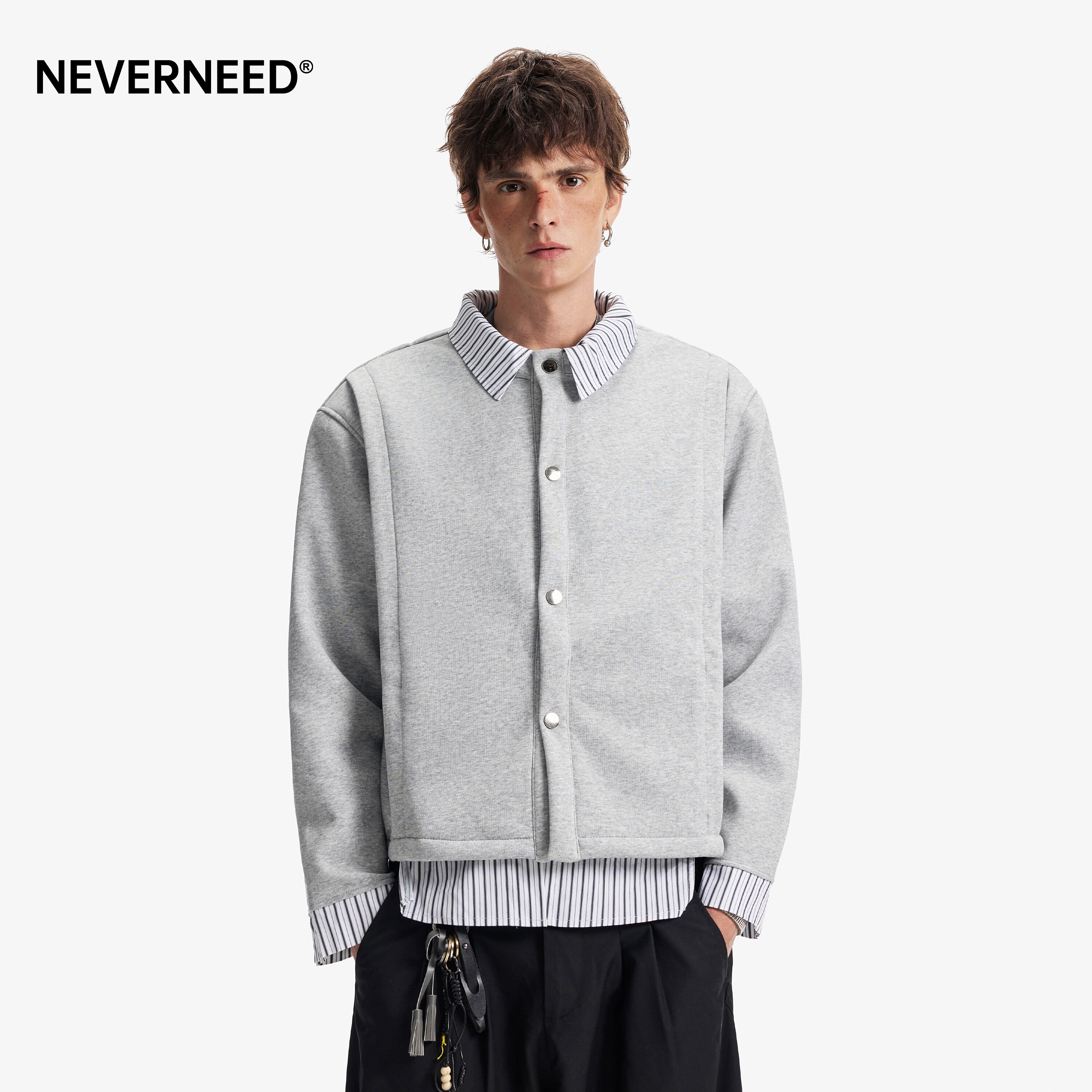 NEVERNEED假两件条纹开衫卫衣男图片