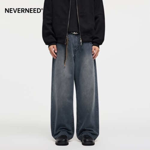 NEVERNEED重工水洗直筒牛仔裤男