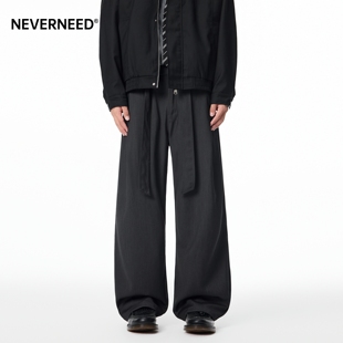 NEVERNEED皱褶休闲裤男女秋季美式潮牌cleanfit垂感西装A字直筒裤