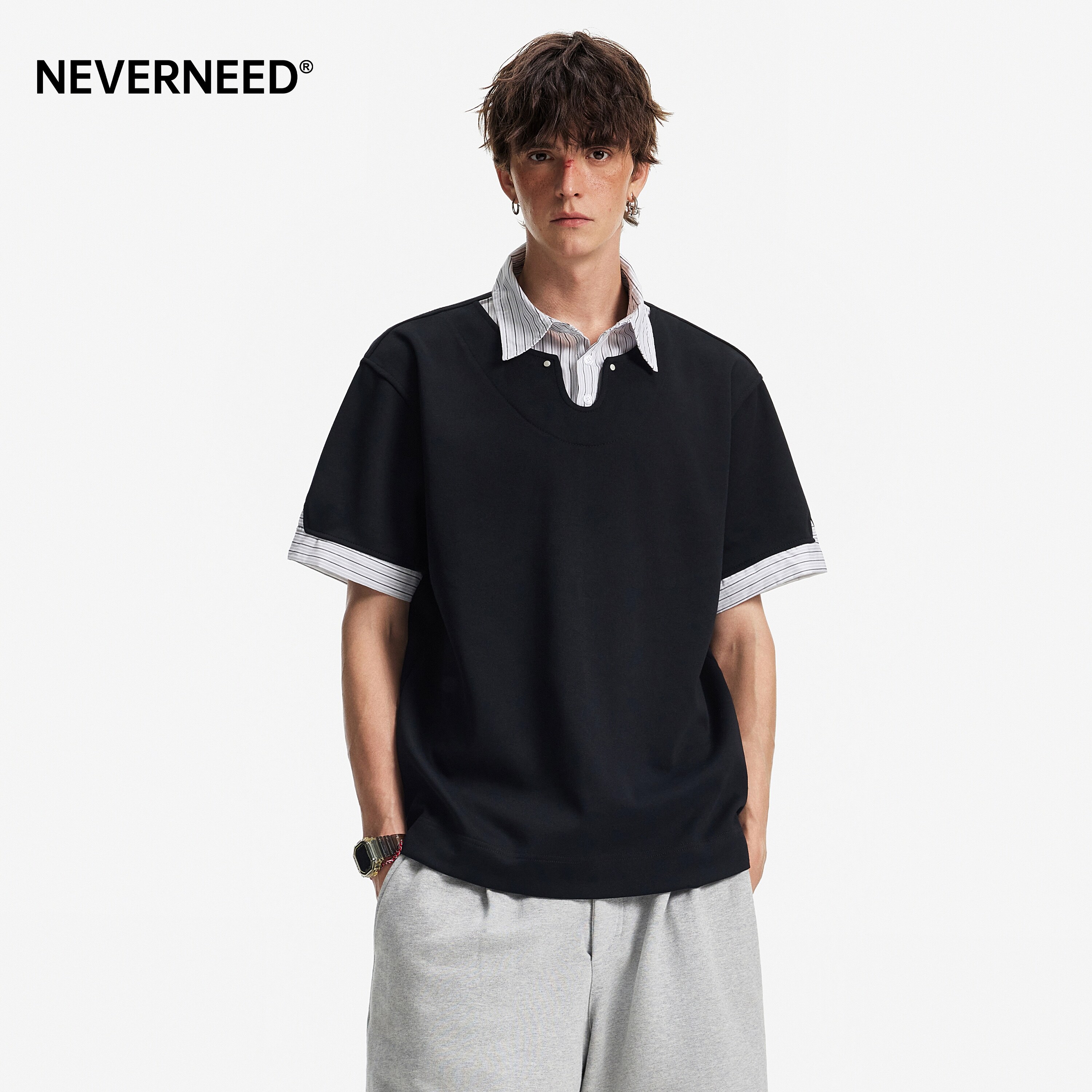 NEVERNEED假两件POLO衫短袖T恤男图片
