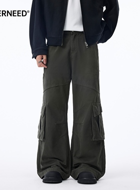 NEVERNEED宽松直筒纯棉休闲裤男女款秋季美式多口袋微喇工装长裤