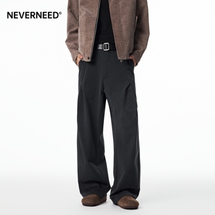 NEVERNEED美式潮牌黑色休闲西裤男女秋季宽松皱褶垂感拼接直筒裤