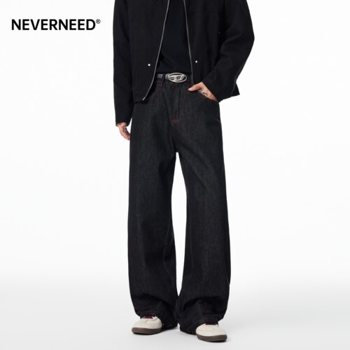 NEVERNEED原牛拼接红线牛仔裤男