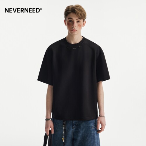 NEVERNEED纯色钢标短袖圆领T恤男
