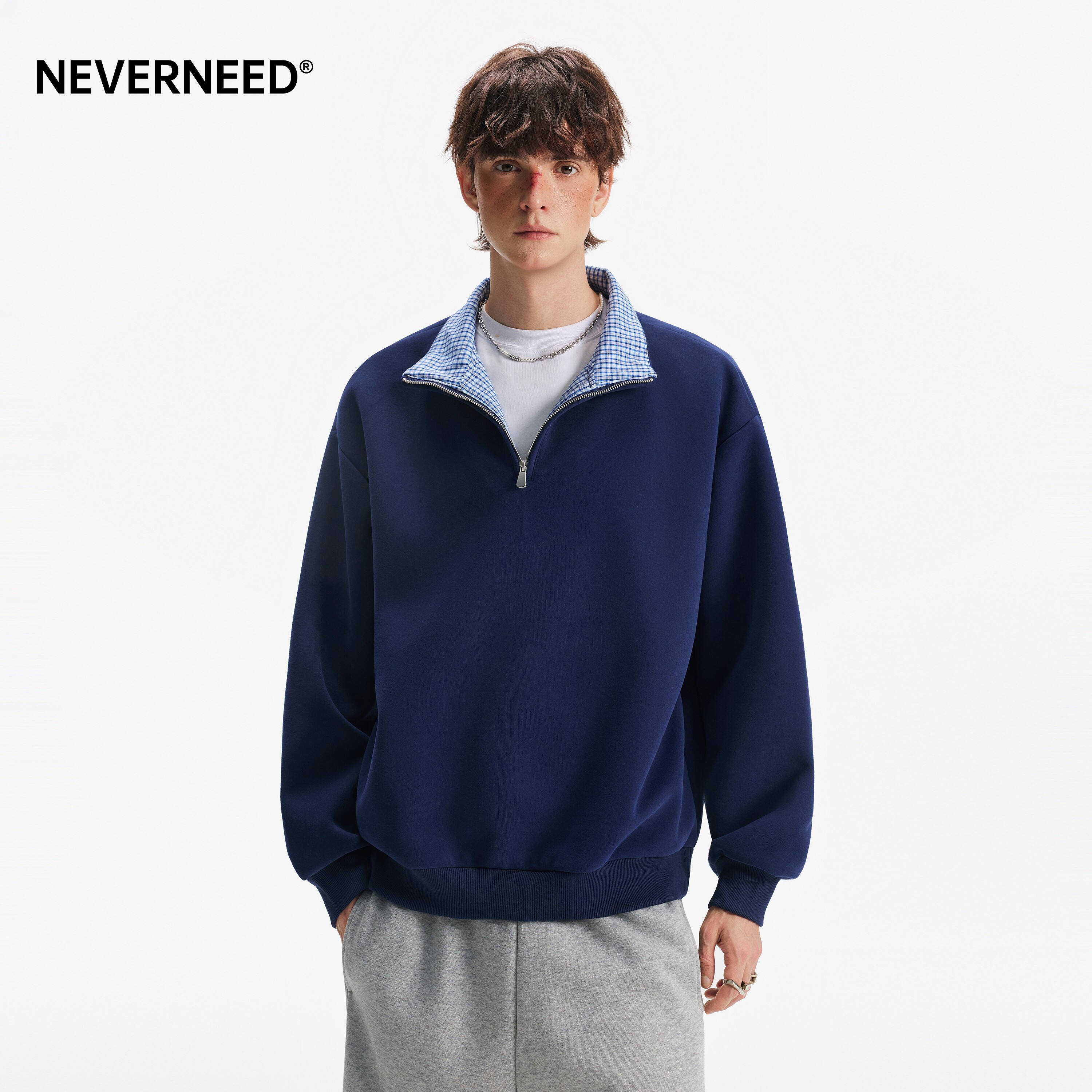 NEVERNEED400g重磅拼接格子卫衣男女春季美式复古宽松半拉链上衣图片