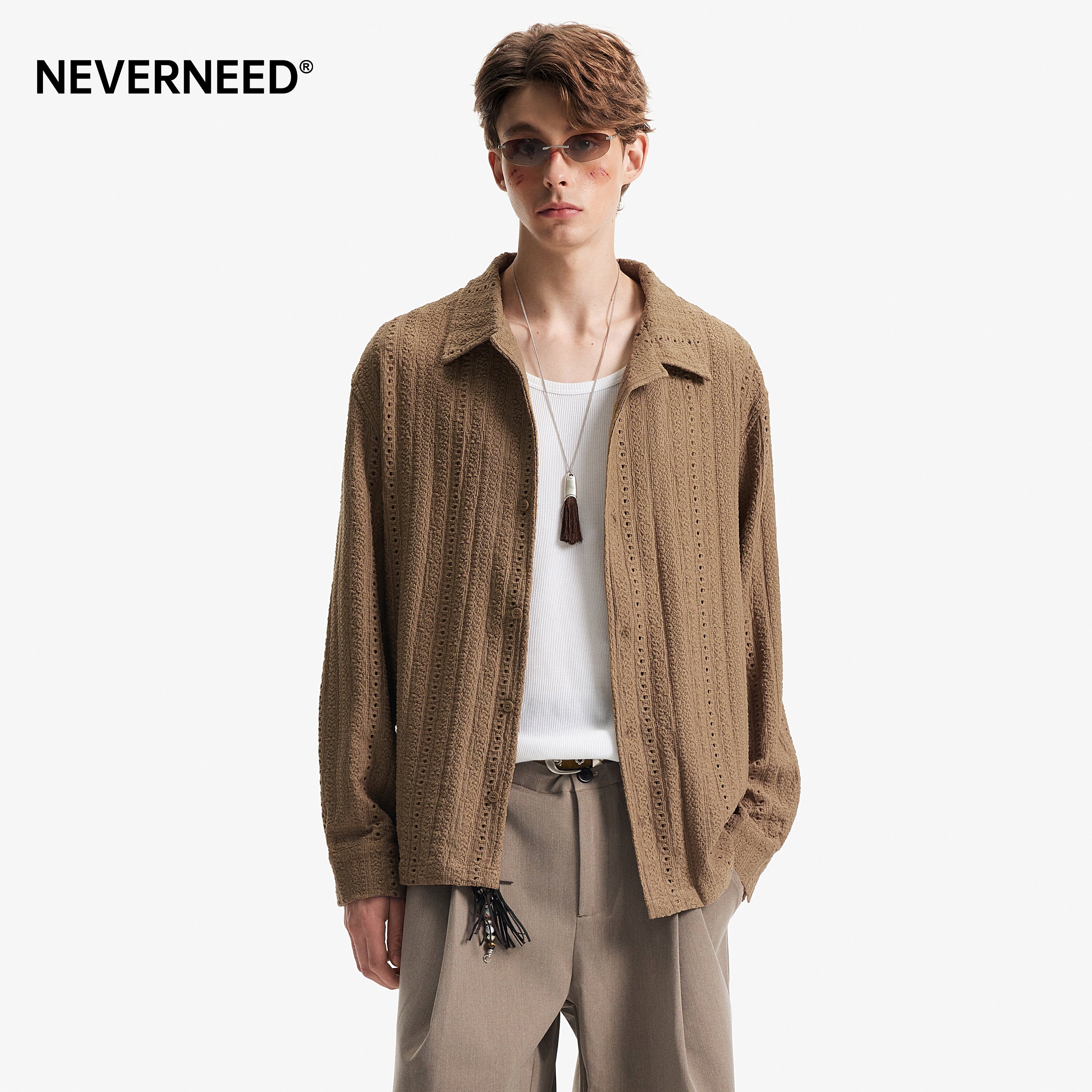 NEVERNEED镂空古巴领长袖衬衫男图片