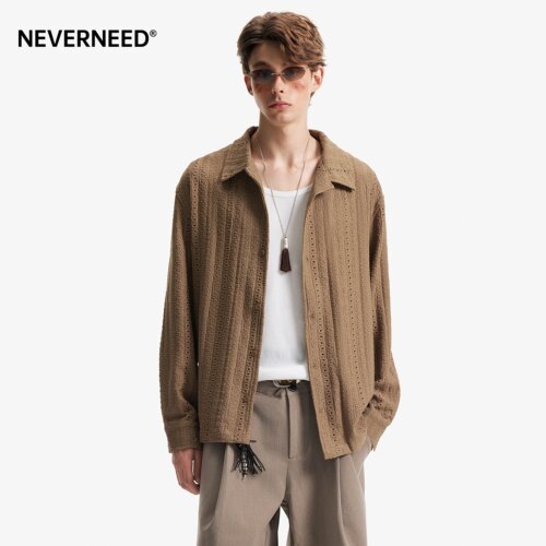 NEVERNEED镂空古巴领长袖衬衫男