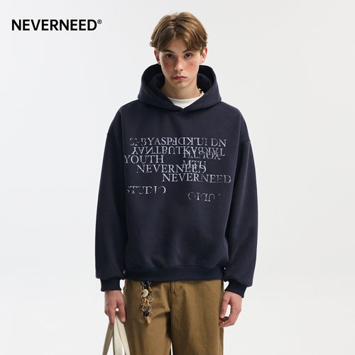 NEVERNEED重磅字母印花短款加绒连帽卫衣男女秋冬季美式套头上衣