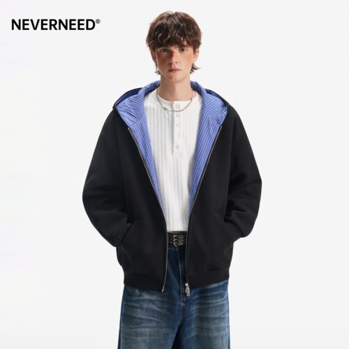 NEVERNEED双面穿格纹卫衣男女
