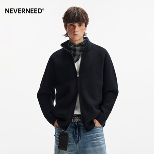 NEVERNEED双拉链立领开衫毛衣男女冬季美式休闲慵懒风针织衫外套