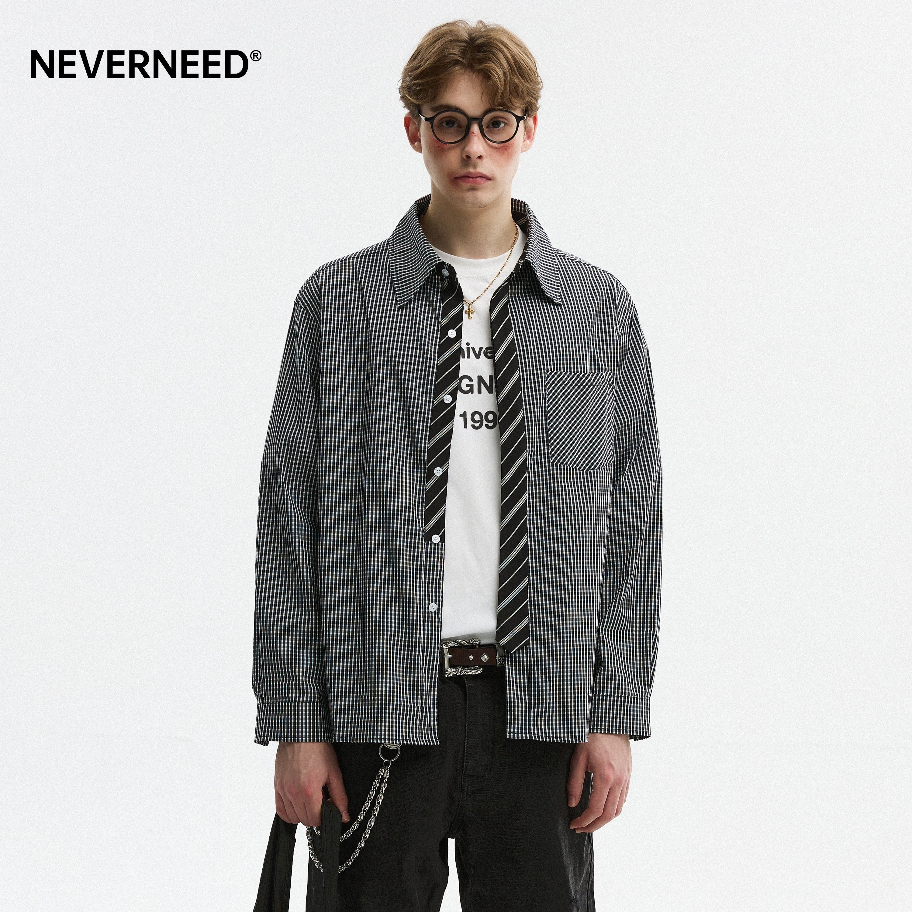 NEVERNEED假两件领带格子衬衫男图片