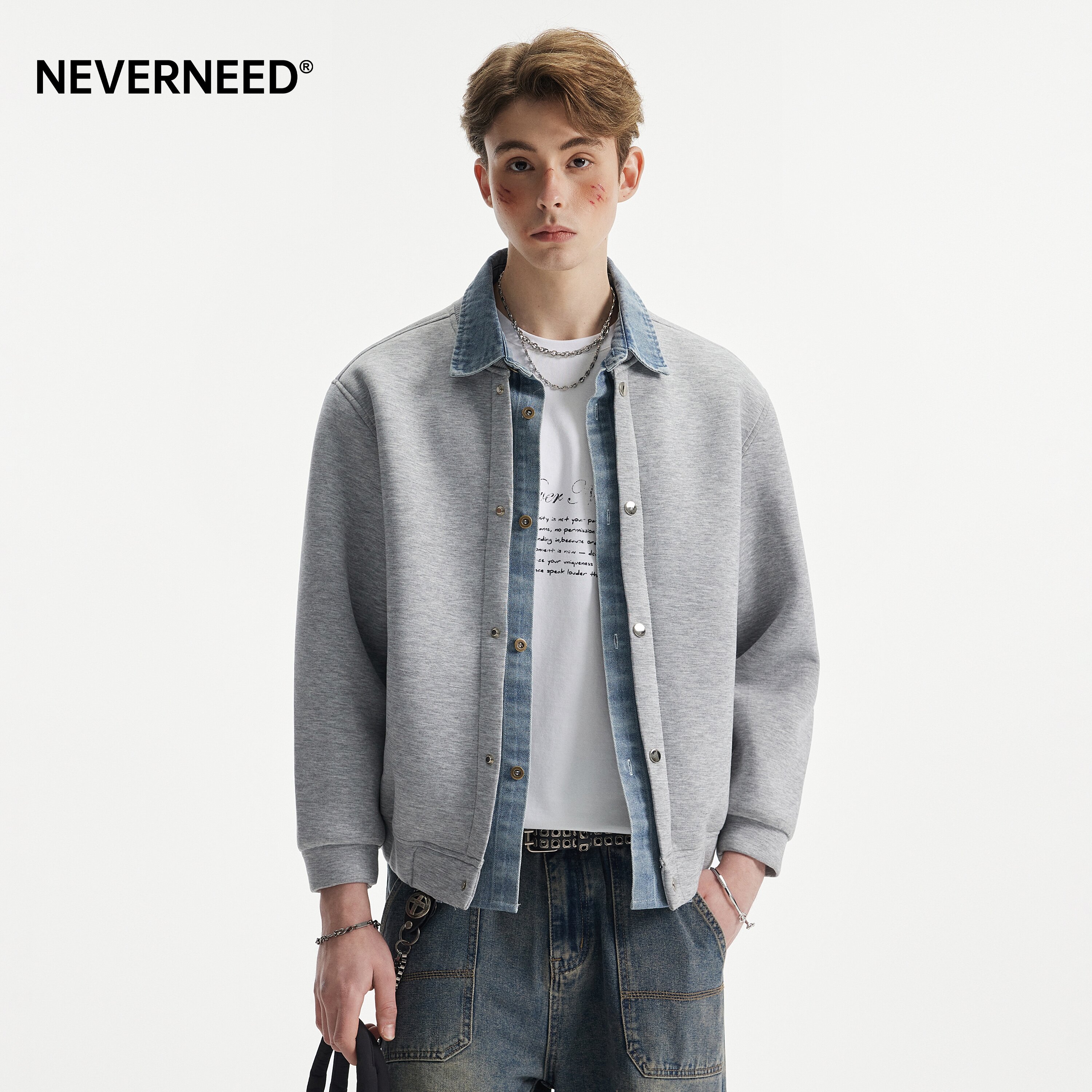 NEVERNEED假两件牛仔拼接夹克男图片