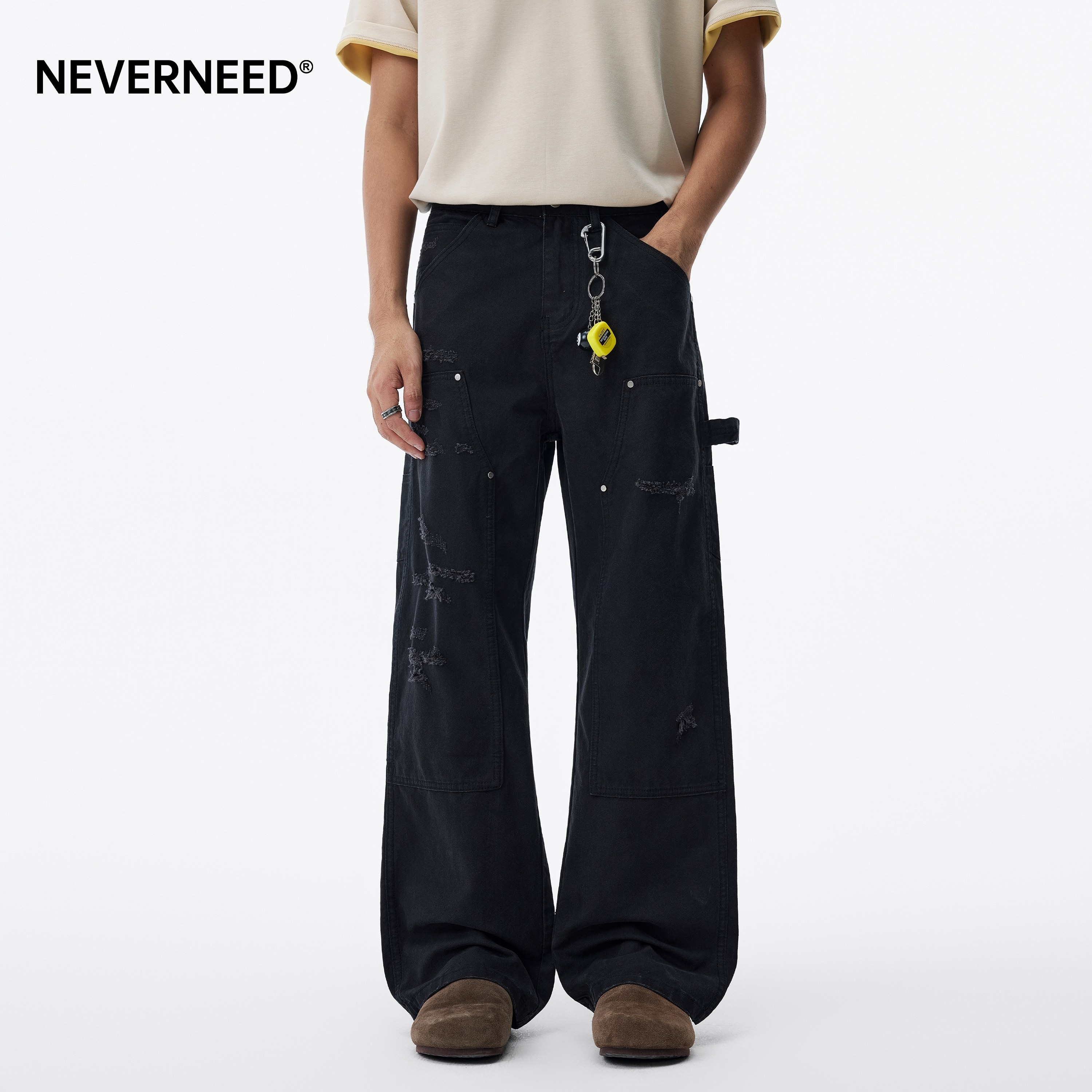 NEVERNEED拼接解构工装牛仔裤男图片