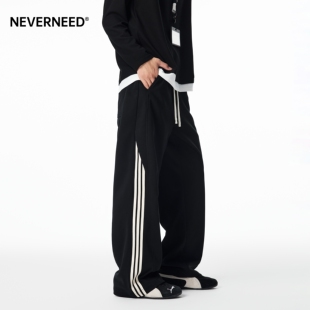NEVERNEED三条杠运动休闲裤男女秋季美式潮牌条纹宽松直筒A字卫裤