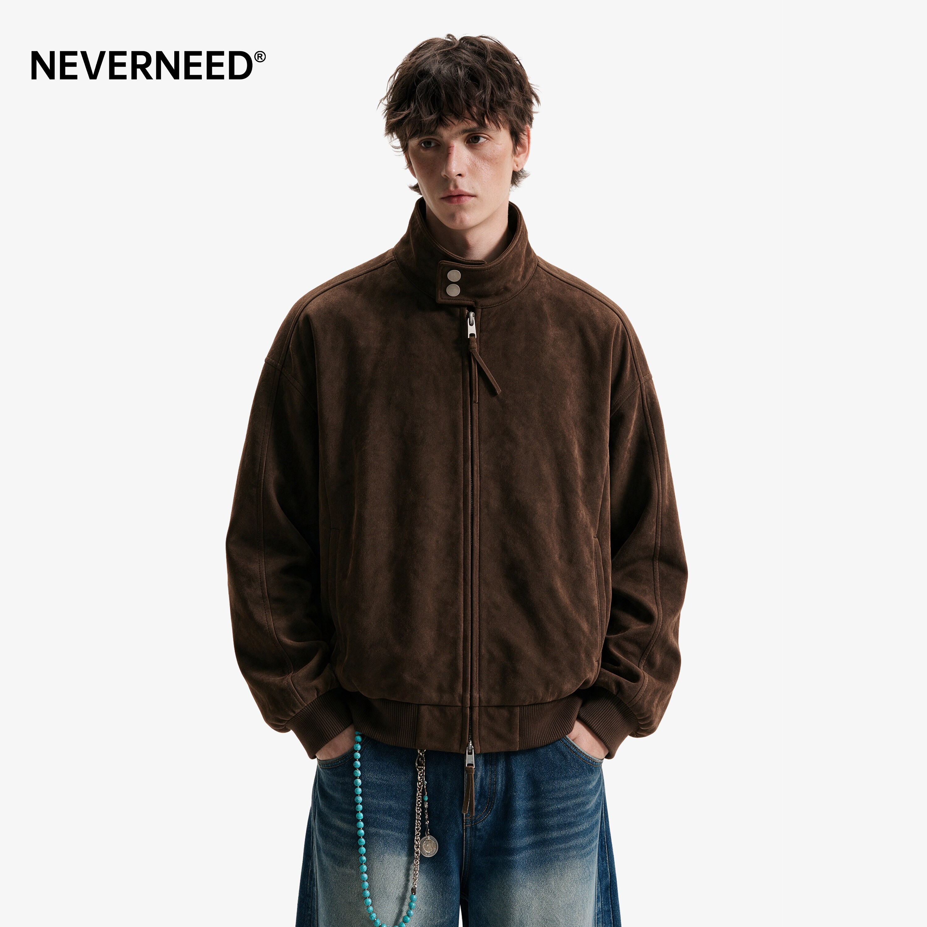 NEVERNEED麂皮绒短款哈灵顿夹克男女秋冬季复古休闲拉链立领外套