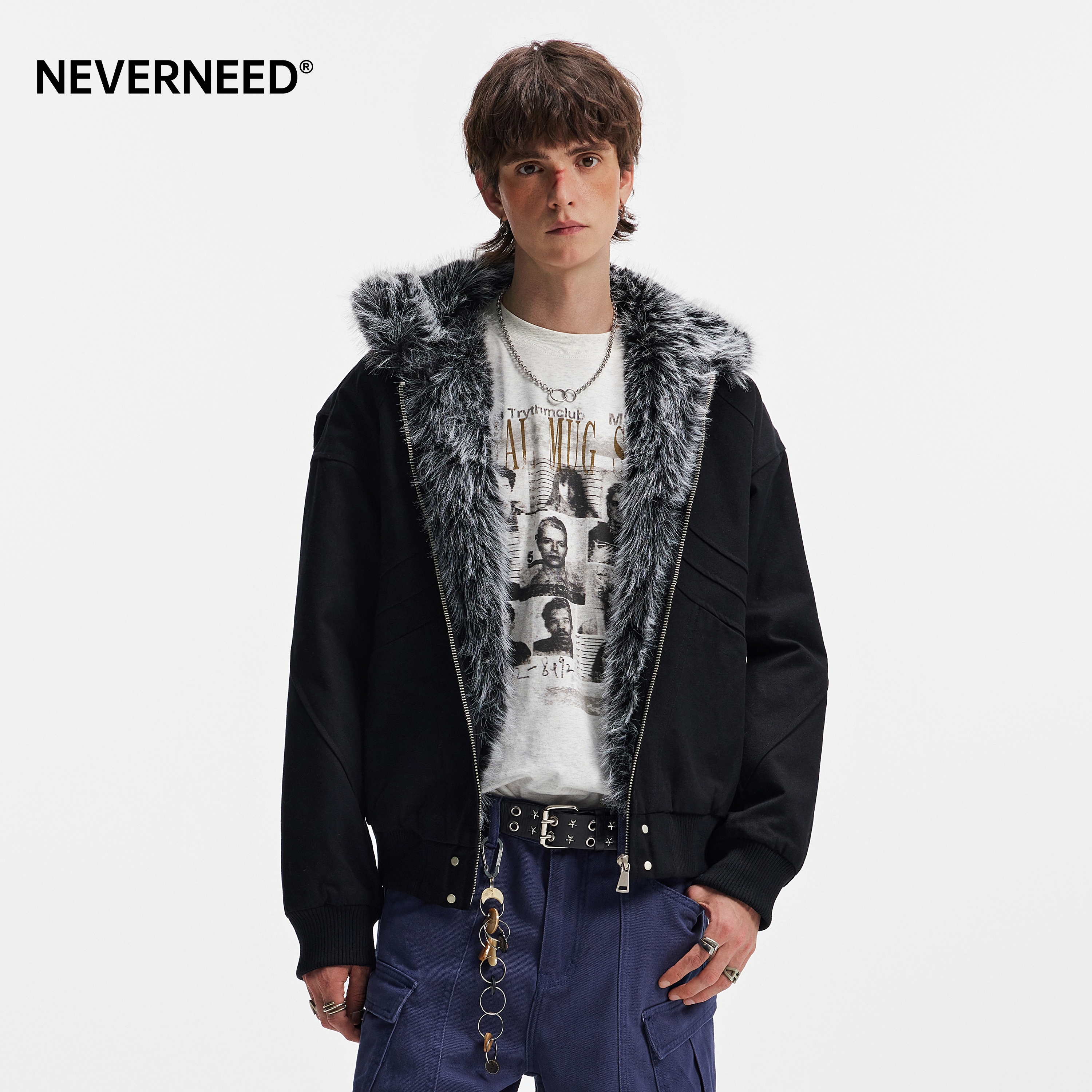 NEVERNEED黑色短款座山雕连帽棉衣外套男冬季美式仿兔毛棉服夹克