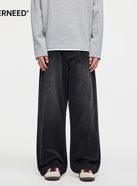 NEVERNEED黑色重工水洗直筒牛仔裤男秋季美式高街纯棉阔腿休闲裤