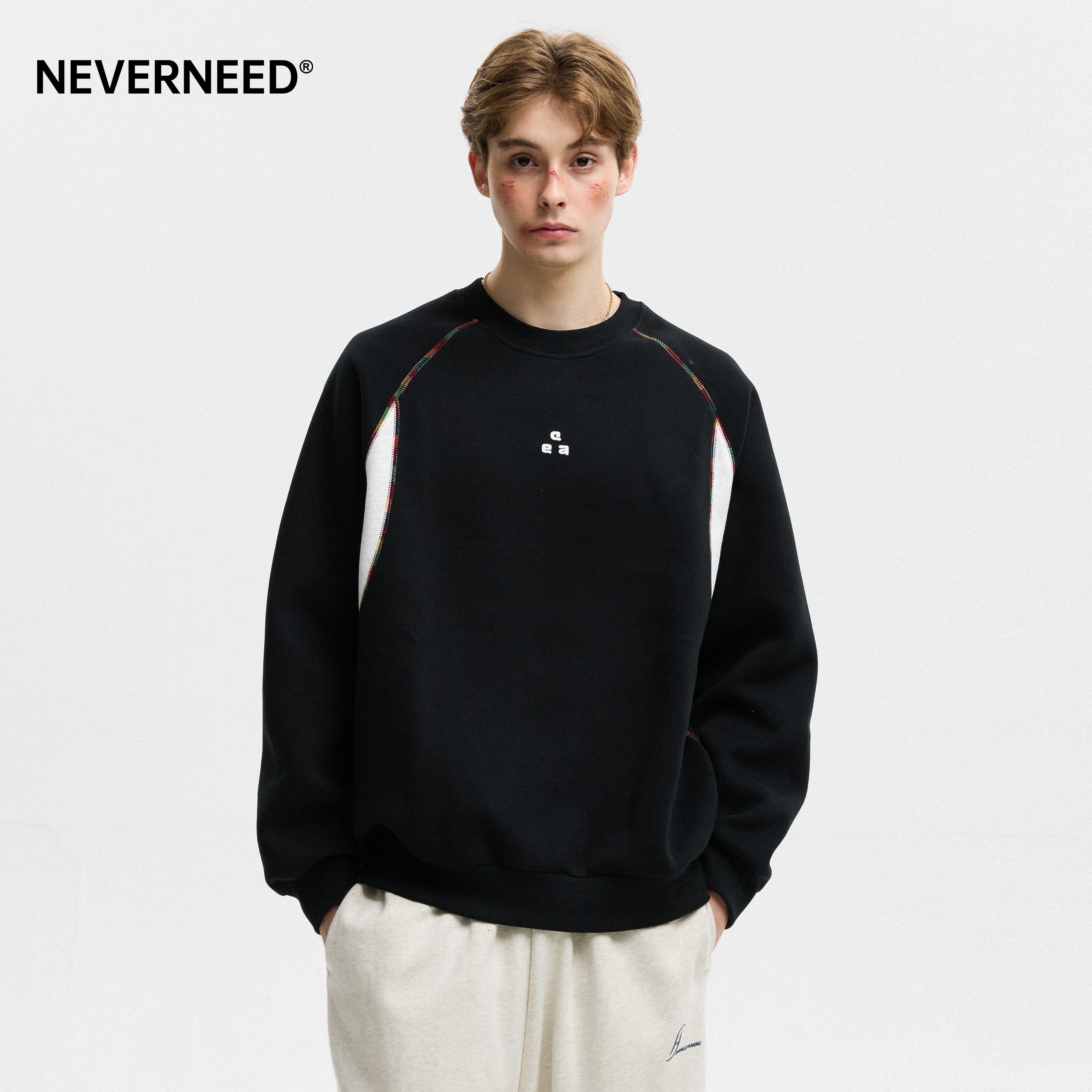 NEVERNEED拼接圆领卫衣男女