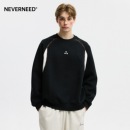 NEVERNEED撞色拼接圆领卫衣男女美式 休闲上衣 复古oversize情侣装