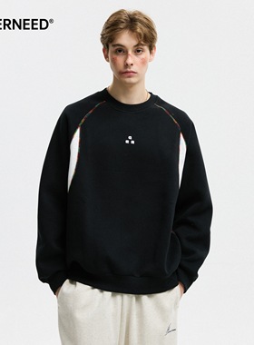 NEVERNEED撞色拼接圆领卫衣男女美式复古oversize情侣装休闲上衣