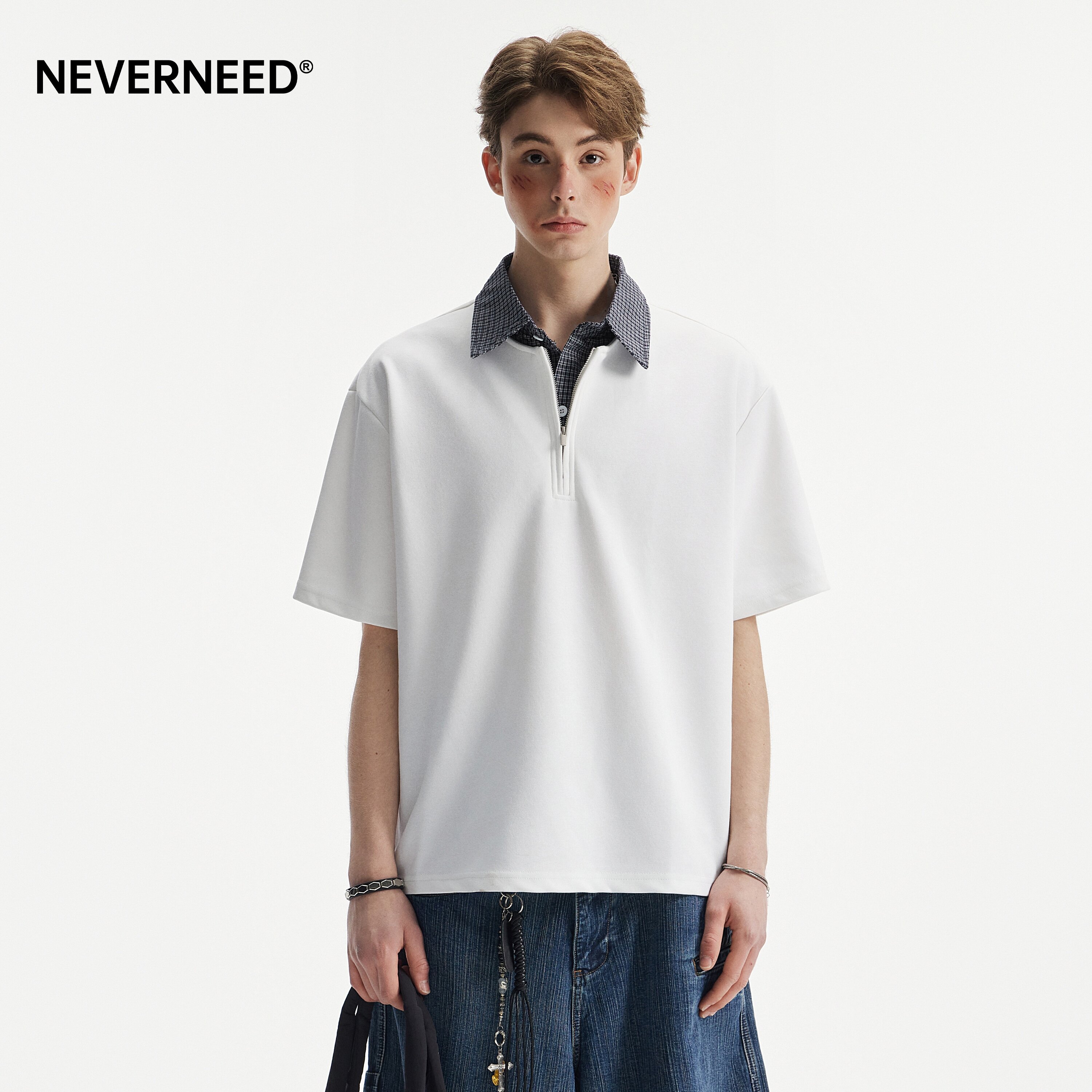 NEVERNEED假两件半拉链翻领T恤男图片