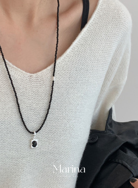 小众高级感天然黑尖晶长款项链 925银毛衣链天然石素链可穿吊坠