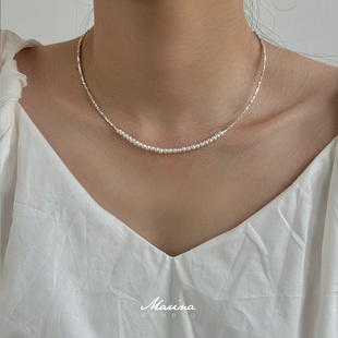 天然珍珠细款碎银子项链 通体s925纯银手工串珠锁骨链小众高级感