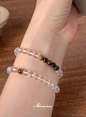 6mm天然白水晶虎眼石叠戴手串 手工弹力绳串珠手链女天然石女