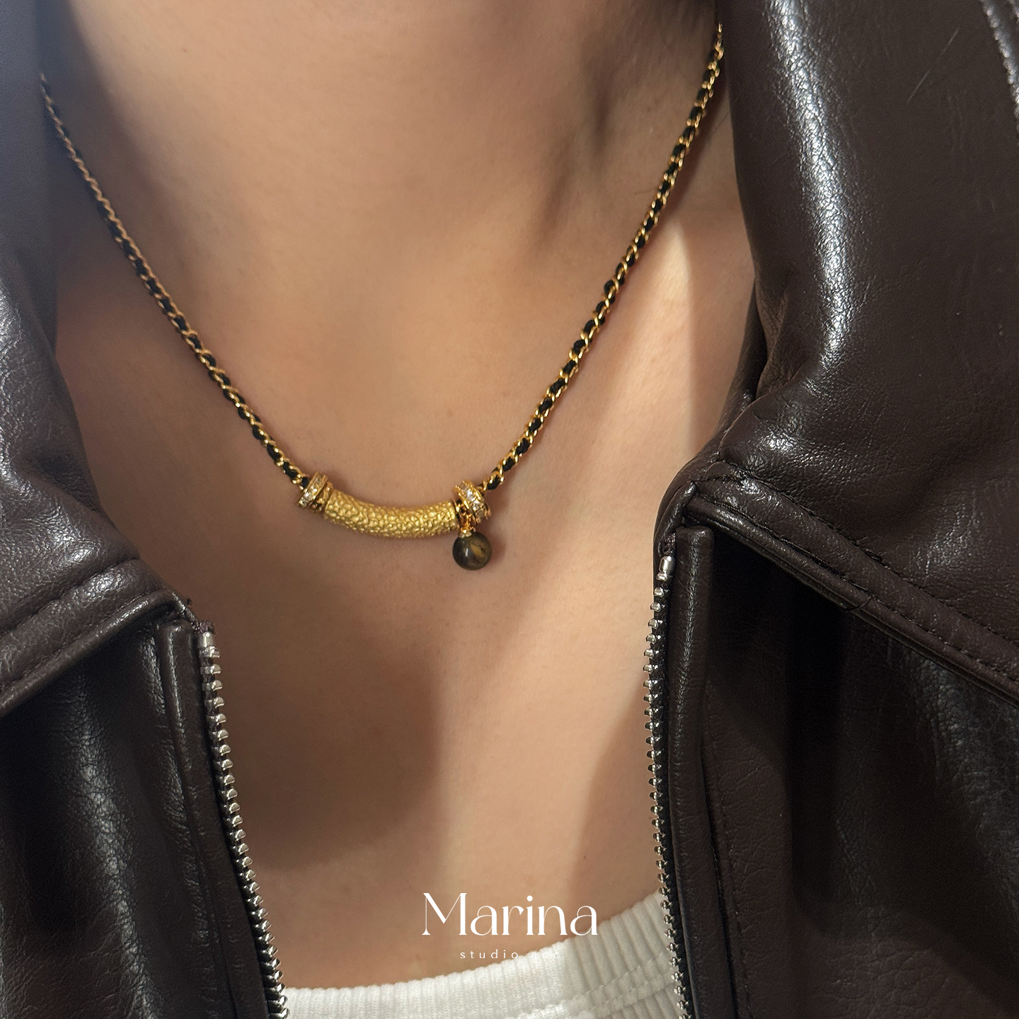 法式小香风黑金编织虎眼石复古美拉德项链锁骨链小众高级感女